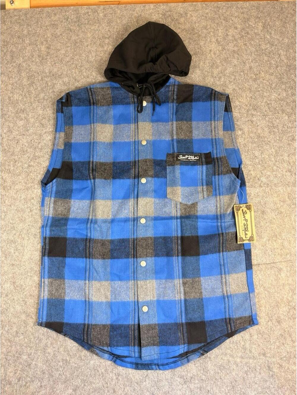 Vintage Surf Style 90s Plaid Flannel Snap Button Sleeveless Hoodie USA S/M